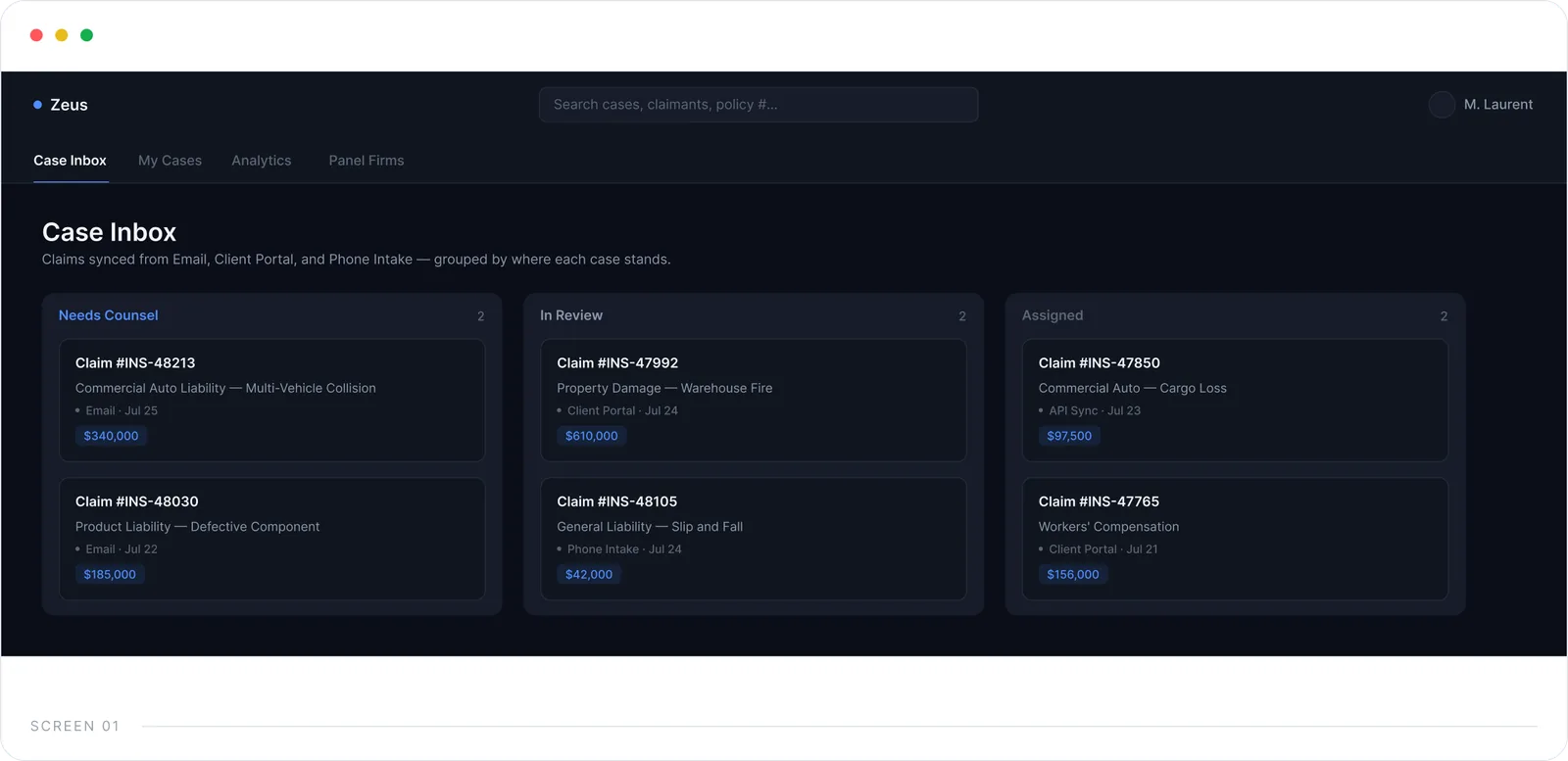 Zeus case inbox - claims grouped by status
